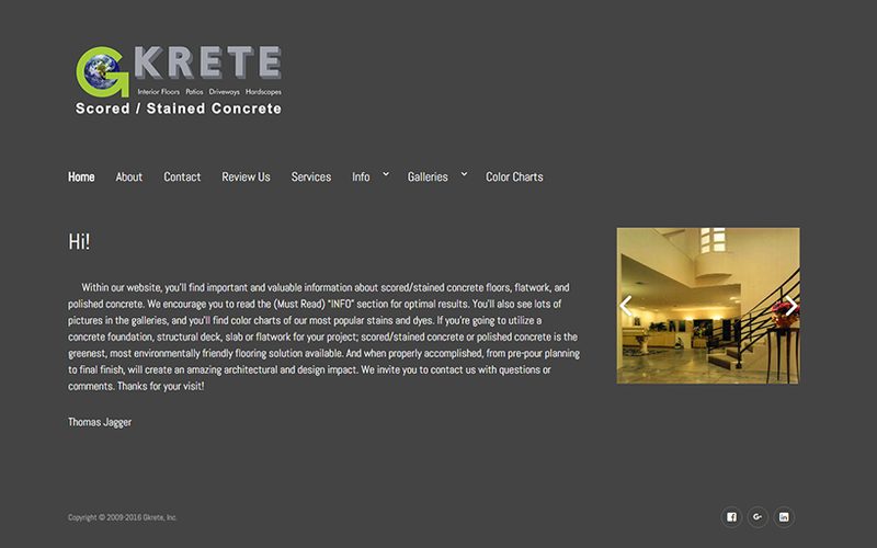 Gkrete website, a decorative scored and stained concrete company